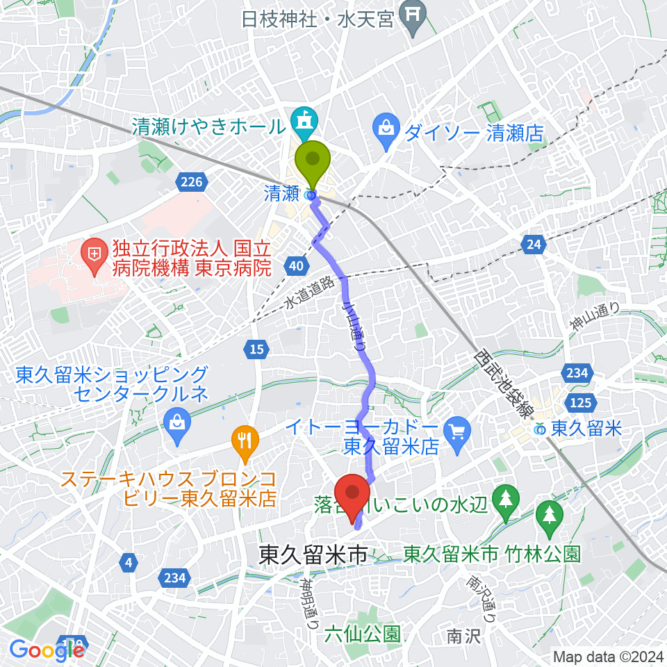清瀬駅からまろにえホールへのルートマップ地図