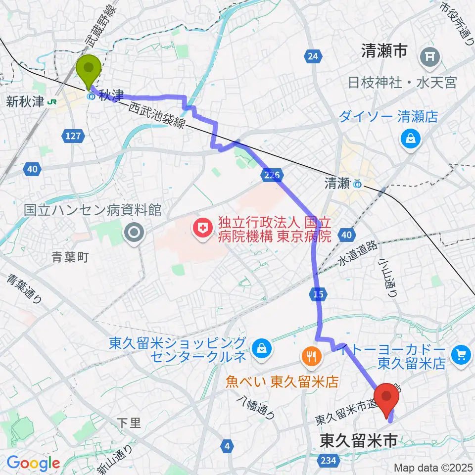 秋津駅からまろにえホールへのルートマップ地図