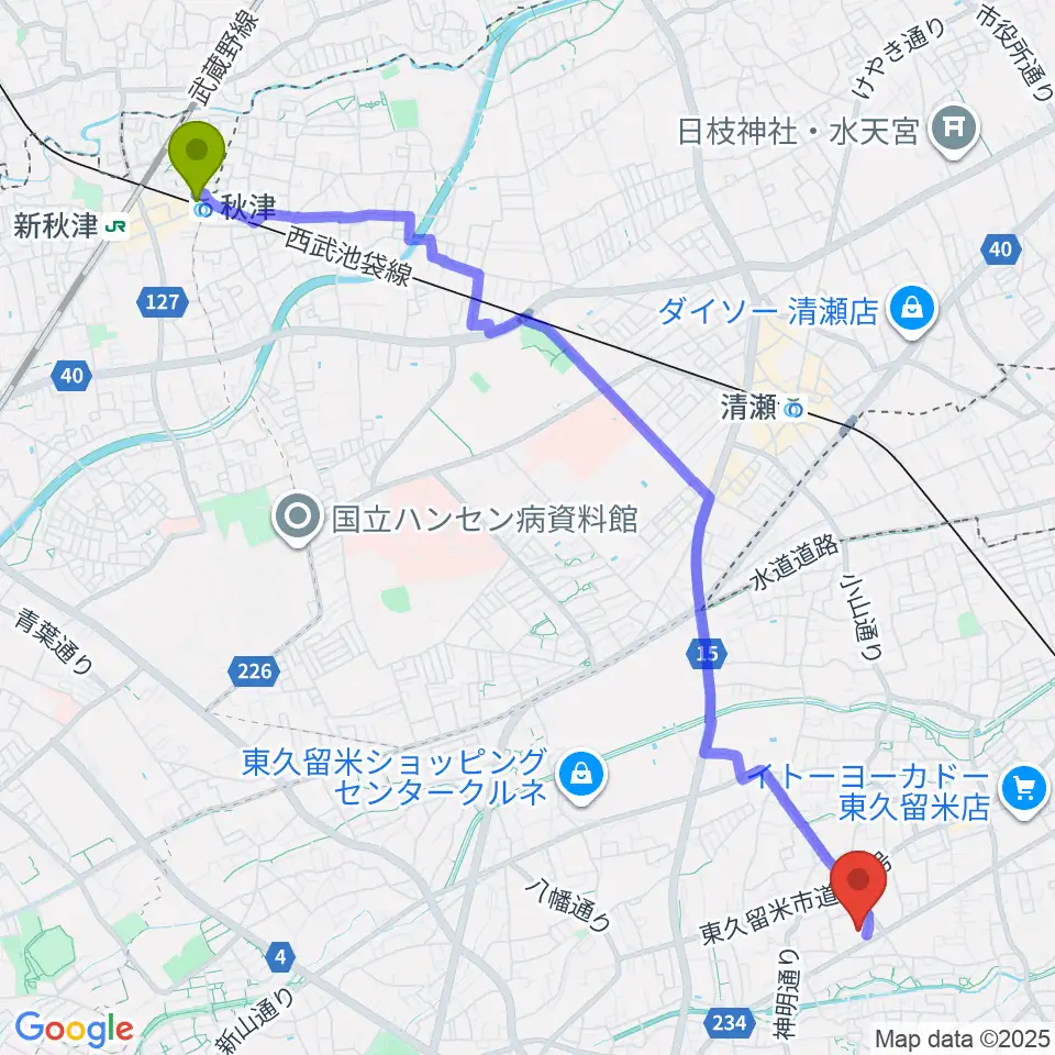 秋津駅からまろにえホールへのルートマップ地図