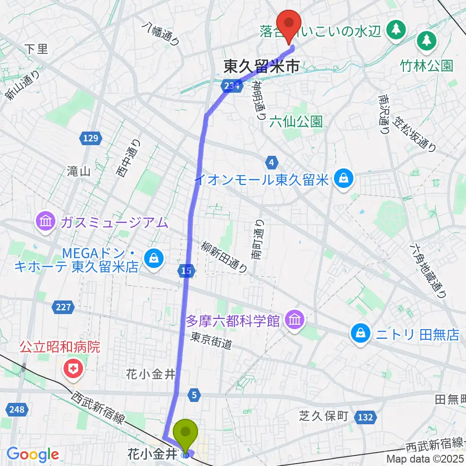 花小金井駅からまろにえホールへのルートマップ地図