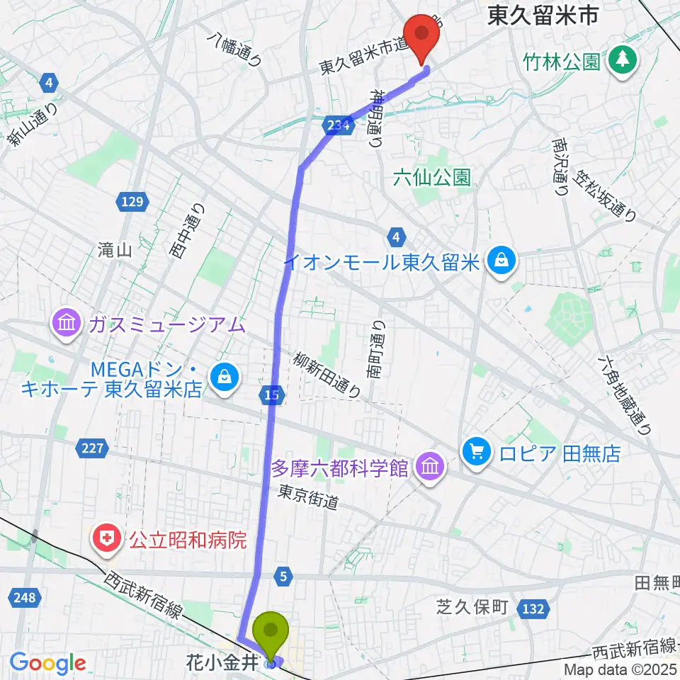 花小金井駅からまろにえホールへのルートマップ地図