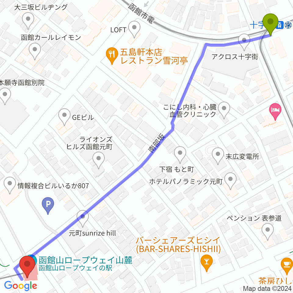 十字街駅からFMいるかへのルートマップ地図