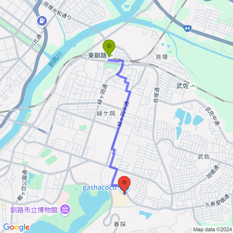 東釧路駅からFMくしろへのルートマップ地図