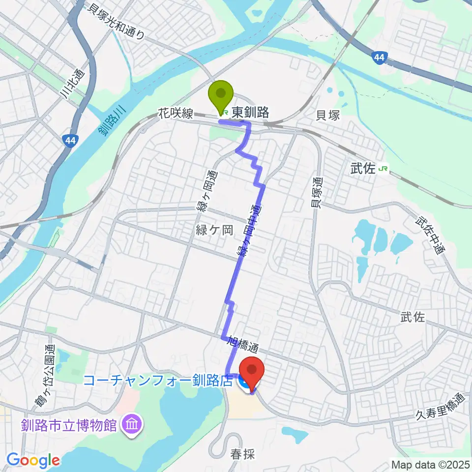 東釧路駅からFMくしろへのルートマップ地図