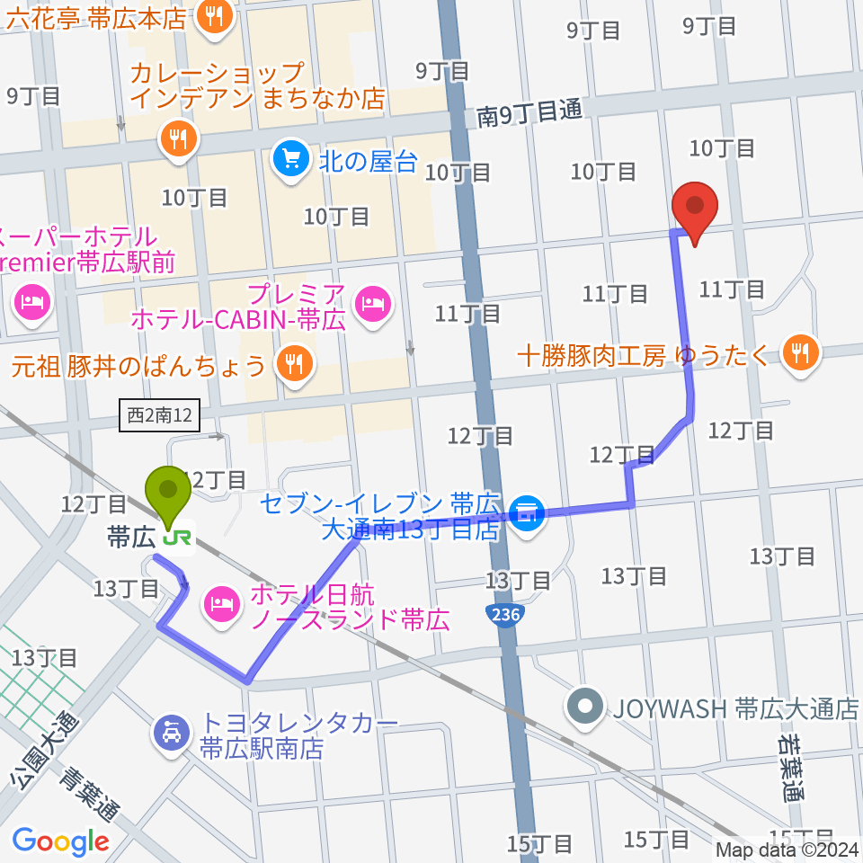 おびひろ市民ラジオ FM WINGの最寄駅帯広駅からの徒歩ルート（約10分）地図