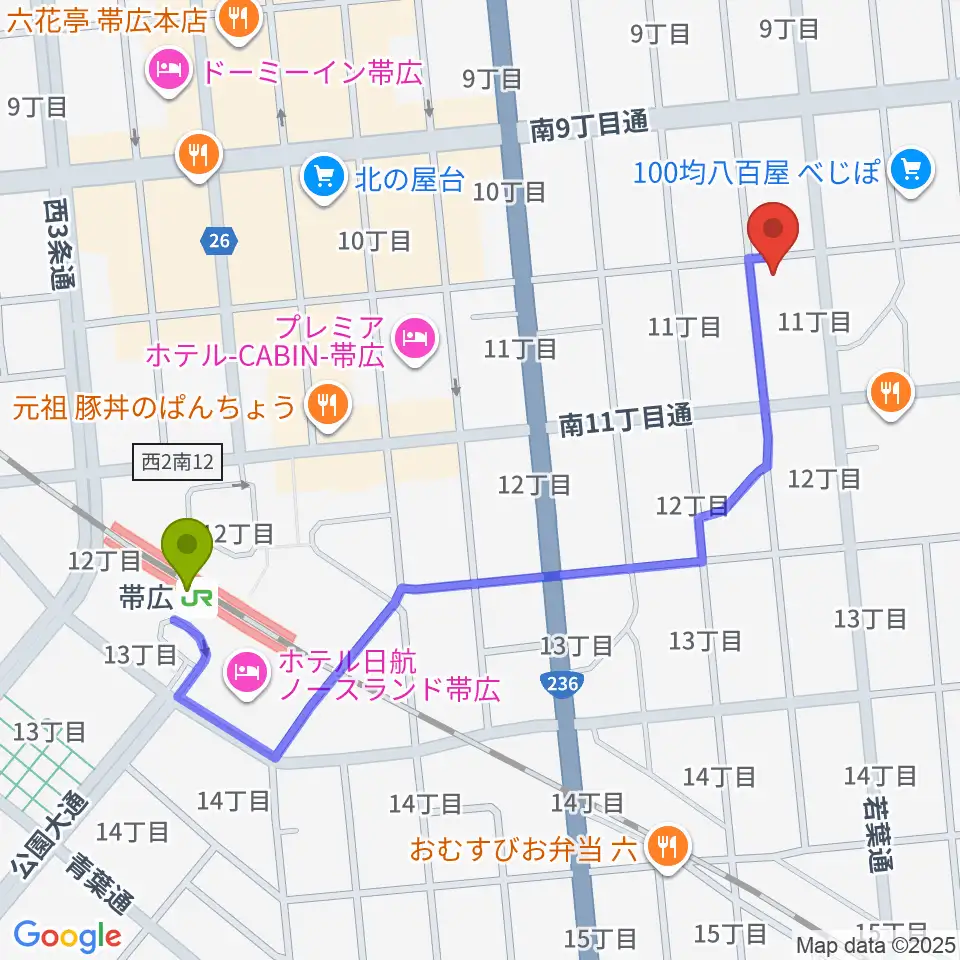 おびひろ市民ラジオ FM WINGの最寄駅帯広駅からの徒歩ルート（約10分）地図
