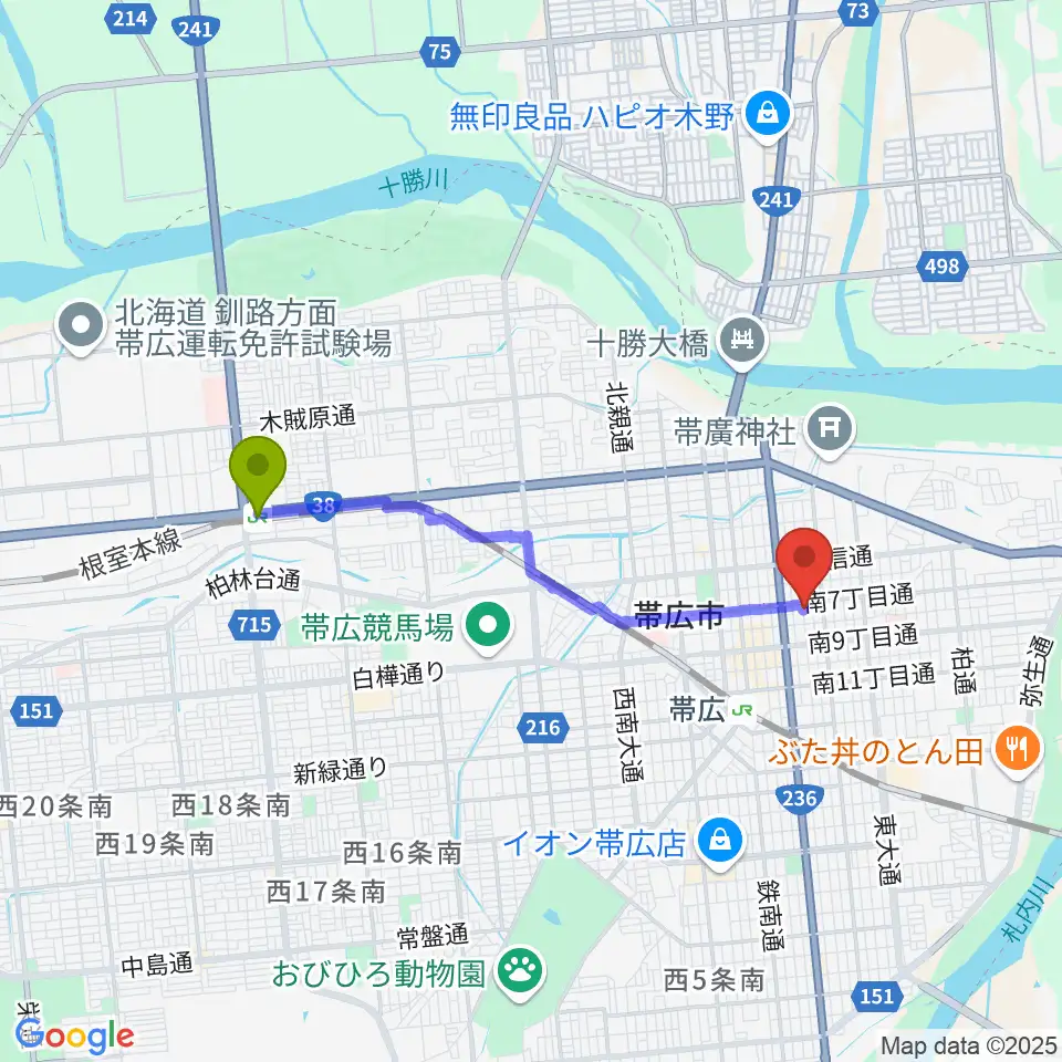 柏林台駅からJAGA エフエムおびひろへのルートマップ地図