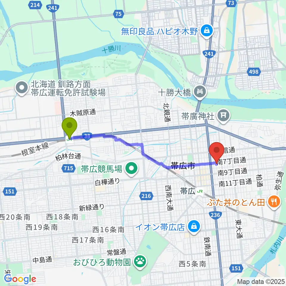 柏林台駅からJAGA エフエムおびひろへのルートマップ地図