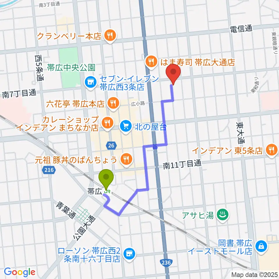 JAGA エフエムおびひろの最寄駅帯広駅からの徒歩ルート（約13分）地図