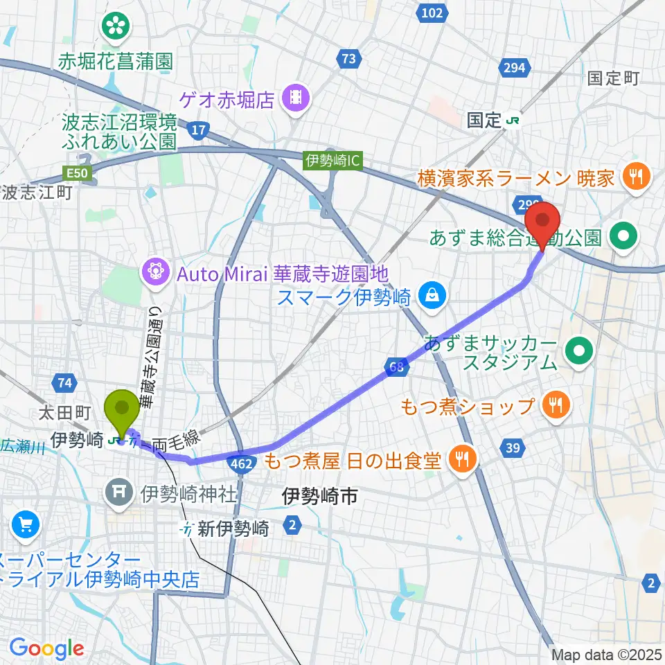 伊勢崎駅から古澤ミュージックスクールへのルートマップ地図
