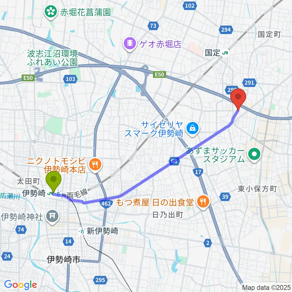 伊勢崎駅から古澤ミュージックスクールへのルートマップ地図