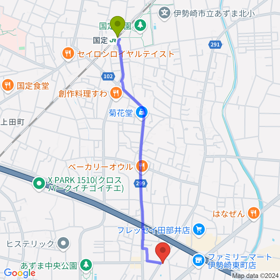 古澤ミュージックスクールの最寄駅国定駅からの徒歩ルート（約25分）地図