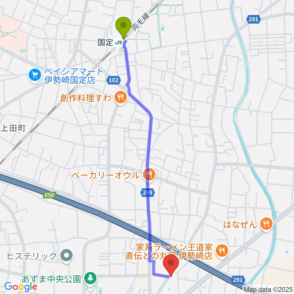 古澤ミュージックスクールの最寄駅国定駅からの徒歩ルート（約25分）地図