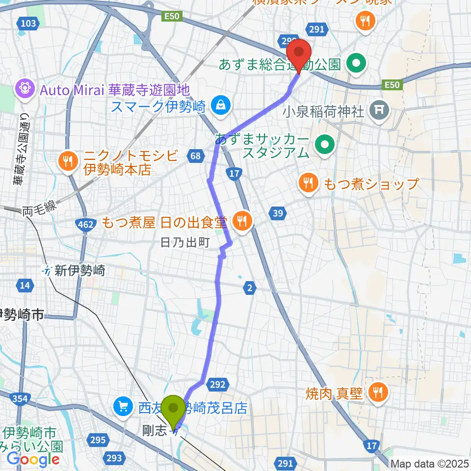 剛志駅から古澤ミュージックスクールへのルートマップ地図