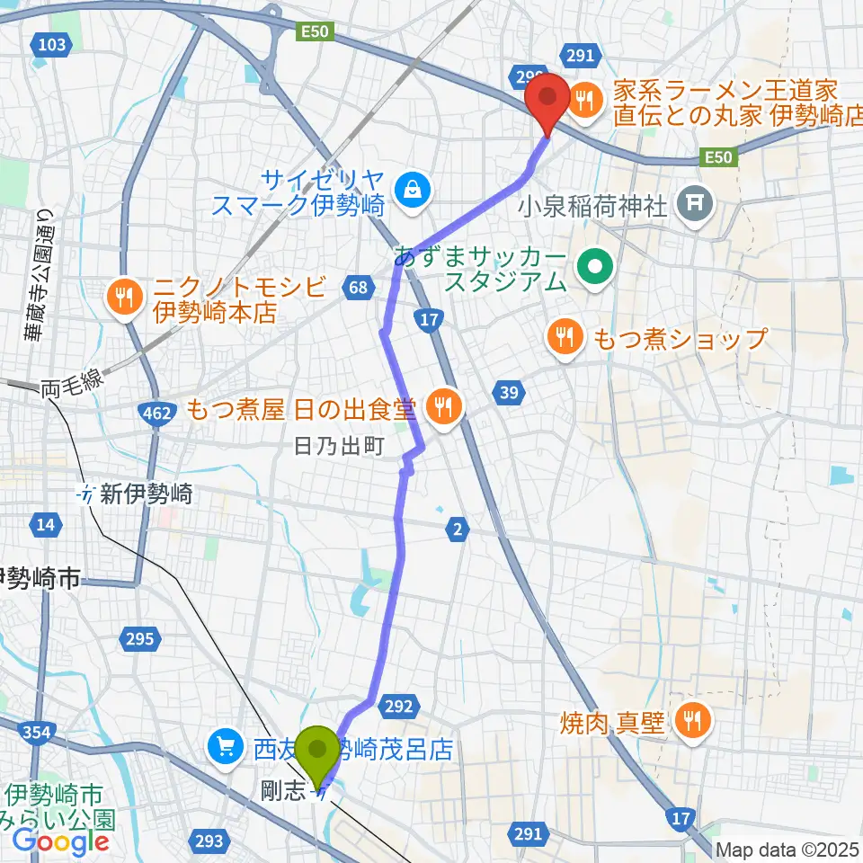 剛志駅から古澤ミュージックスクールへのルートマップ地図