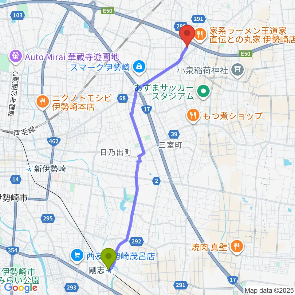 剛志駅から古澤ミュージックスクールへのルートマップ地図