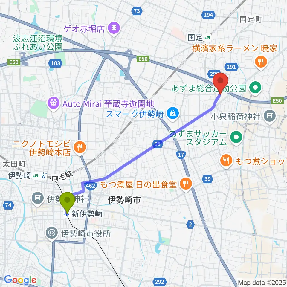 新伊勢崎駅から古澤ミュージックスクールへのルートマップ地図