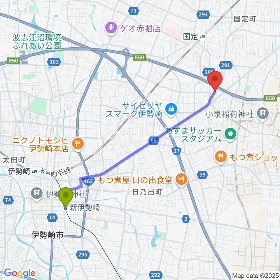 新伊勢崎駅から古澤ミュージックスクールへのルートマップ地図