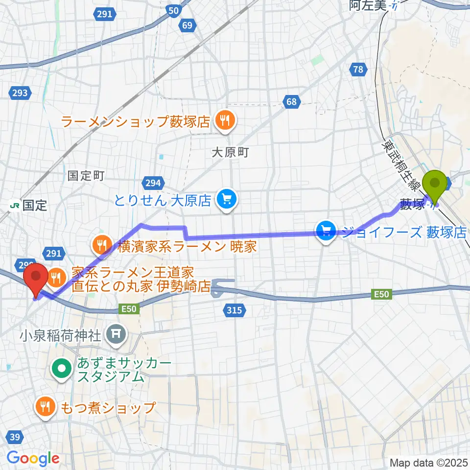 藪塚駅から古澤ミュージックスクールへのルートマップ地図