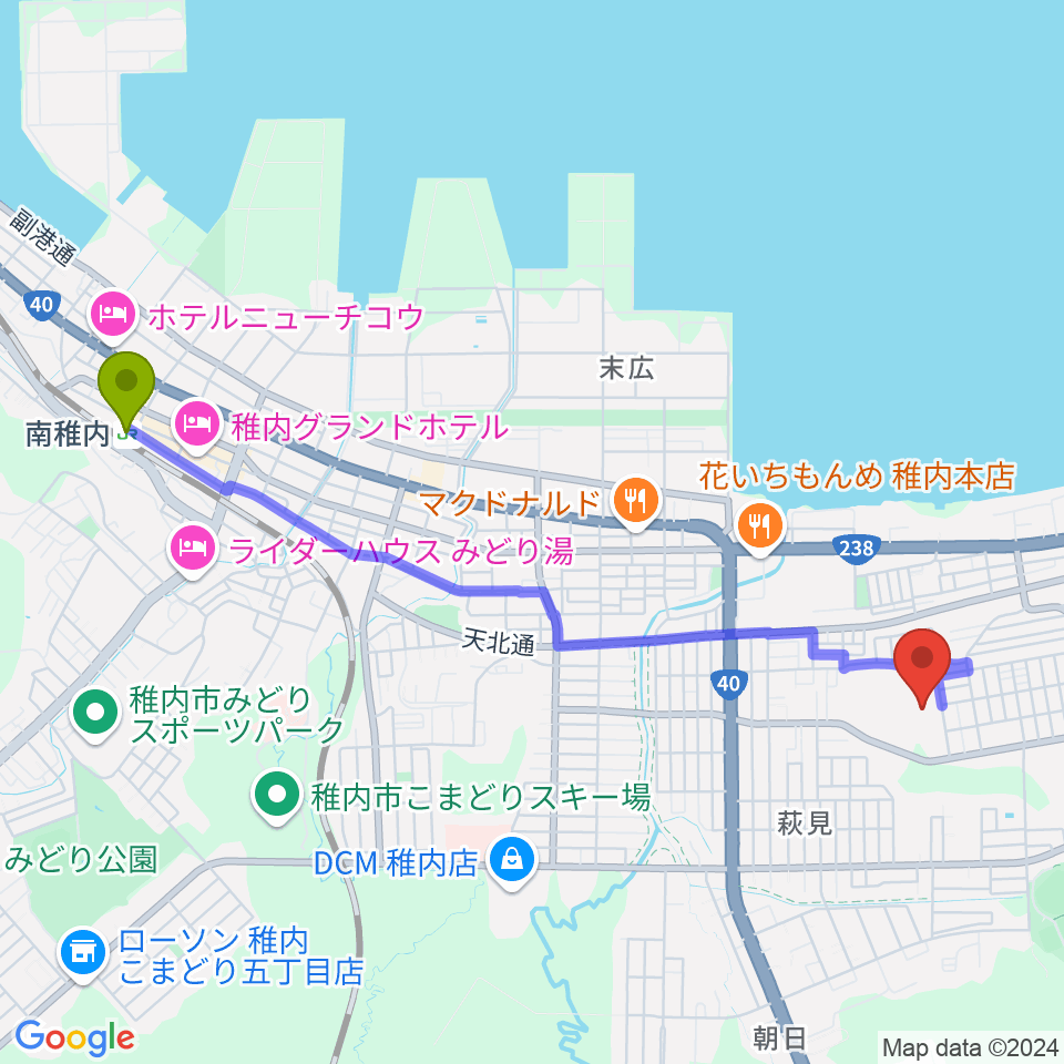 FMわっぴ～の最寄駅南稚内駅からの徒歩ルート（約43分）地図