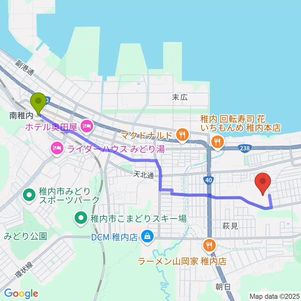 FMわっぴ～の最寄駅南稚内駅からの徒歩ルート（約43分）地図