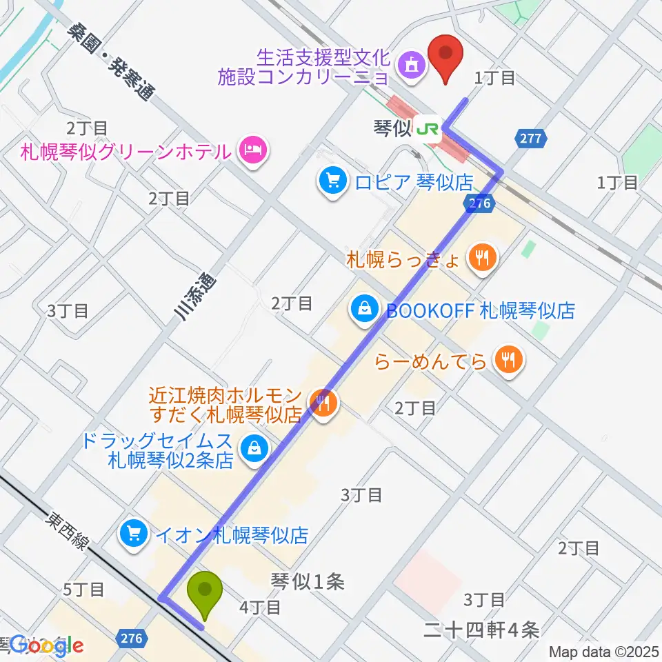 琴似駅から三角山放送局へのルートマップ地図