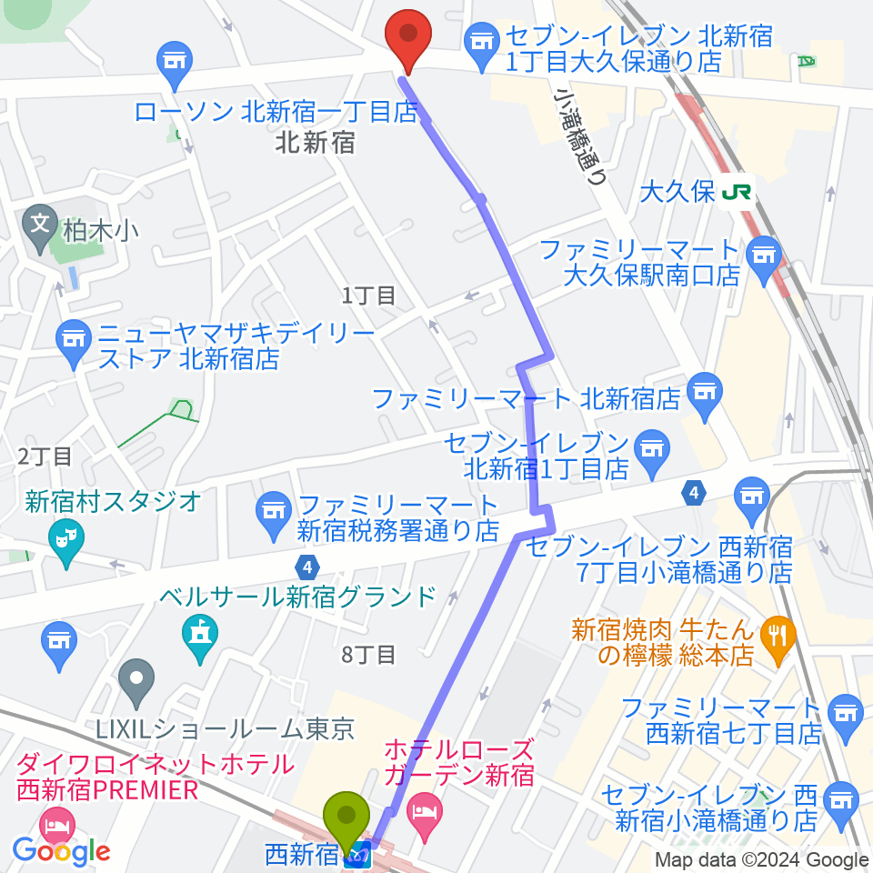 西新宿駅から大久保ドルチェビータへのルートマップ地図