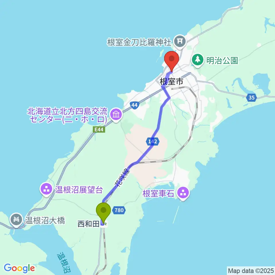 西和田駅からFMねむろへのルートマップ地図