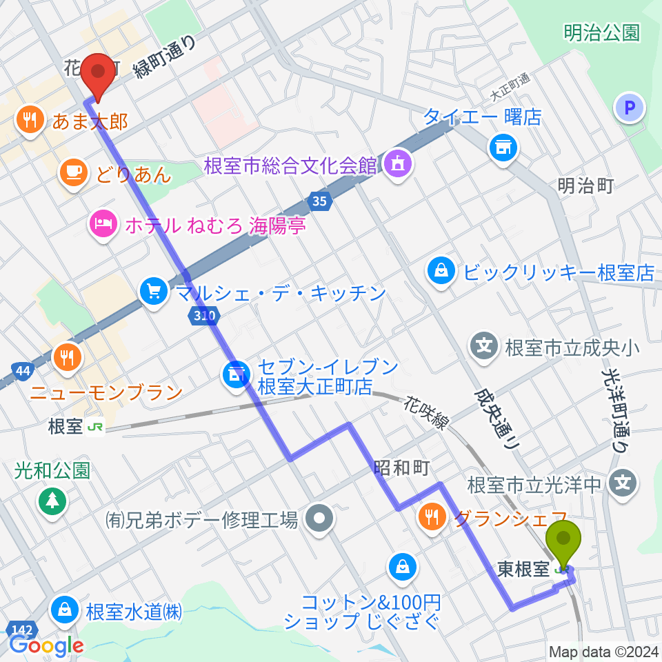 東根室駅からFMねむろへのルートマップ地図