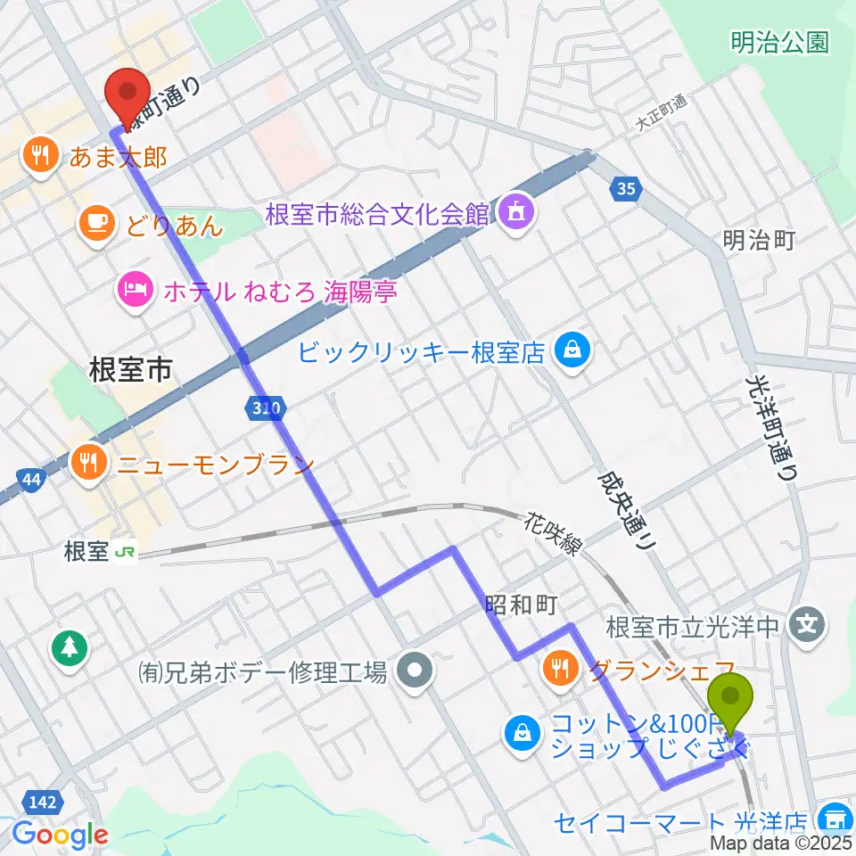 東根室駅からFMねむろへのルートマップ地図