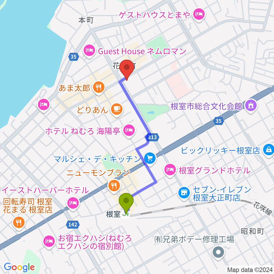 FMねむろの最寄駅根室駅からの徒歩ルート（約14分）地図