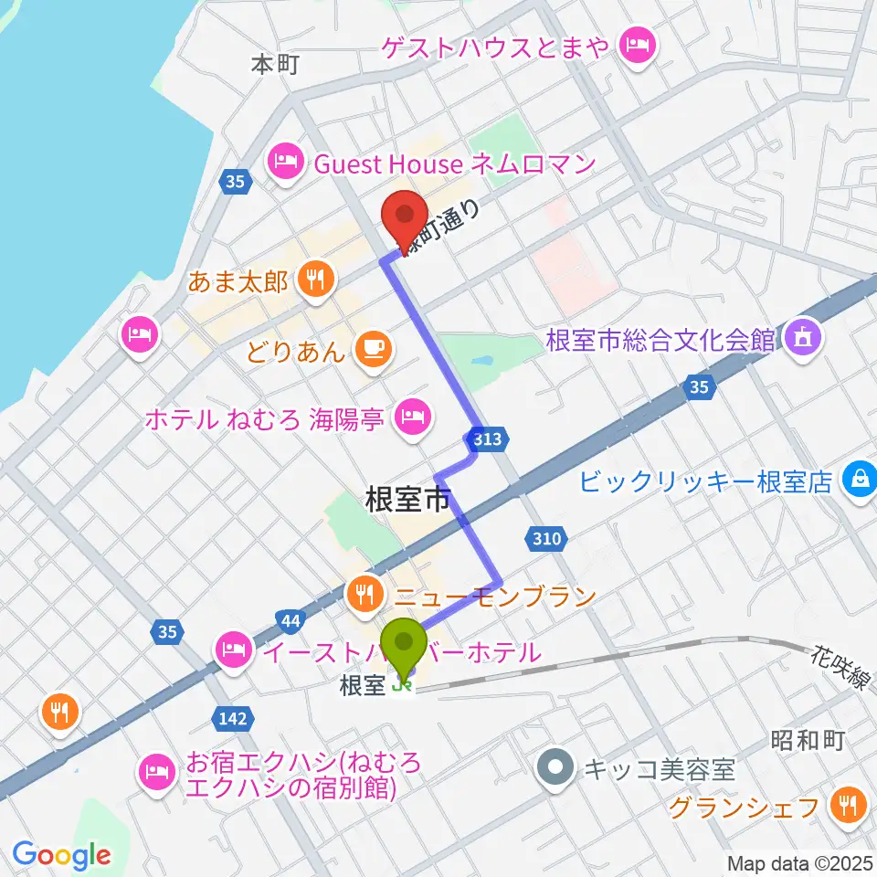 FMねむろの最寄駅根室駅からの徒歩ルート（約14分）地図