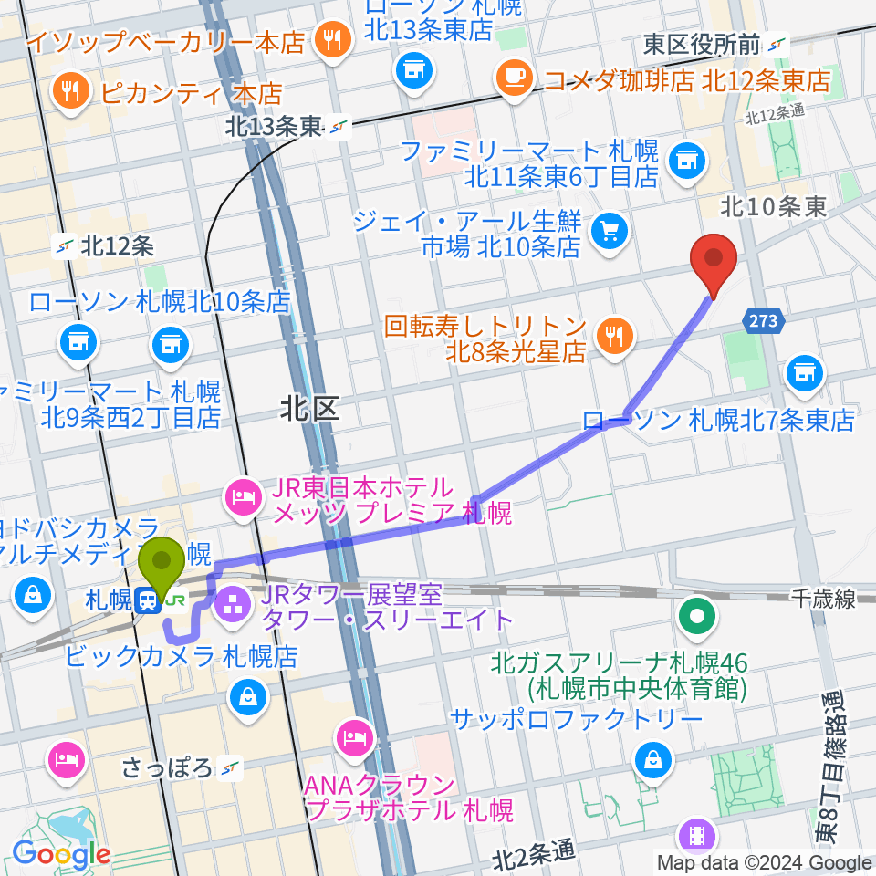 札幌駅からさっぽろ村ラジオへのルートマップ地図