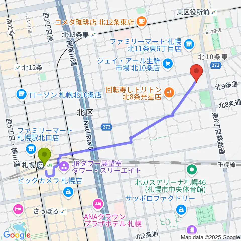 札幌駅からさっぽろ村ラジオへのルートマップ地図