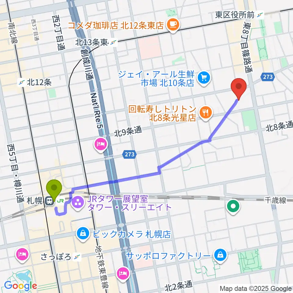 札幌駅からさっぽろ村ラジオへのルートマップ地図