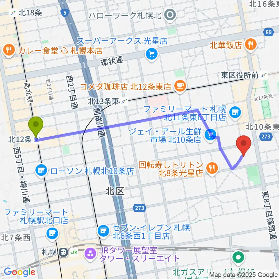 北１２条駅からさっぽろ村ラジオへのルートマップ地図