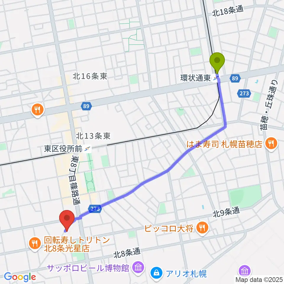 環状通東駅からさっぽろ村ラジオへのルートマップ地図