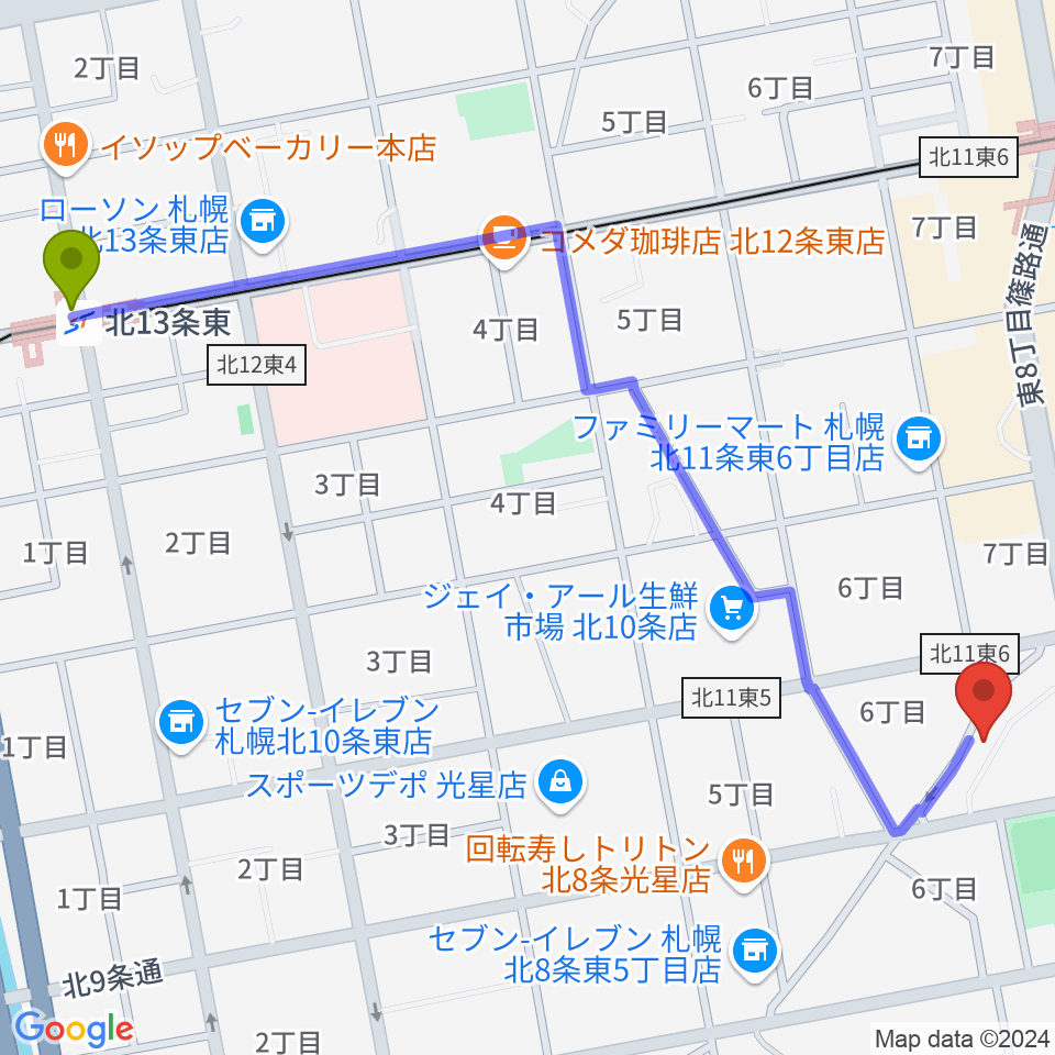 北１３条東駅からさっぽろ村ラジオへのルートマップ地図