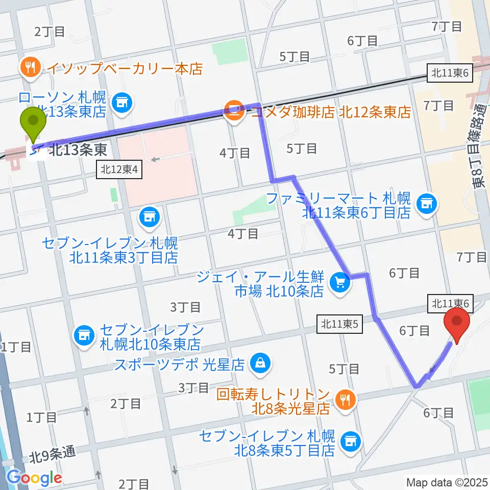 北１３条東駅からさっぽろ村ラジオへのルートマップ地図