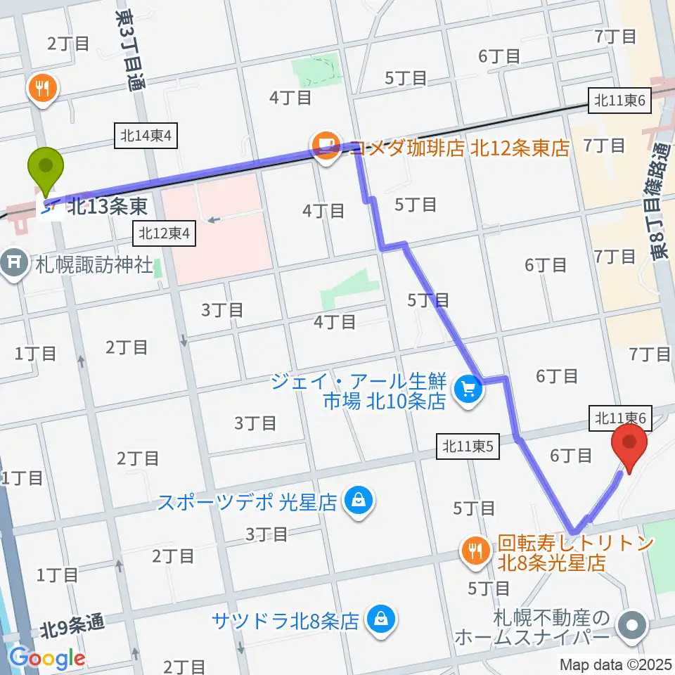 北１３条東駅からさっぽろ村ラジオへのルートマップ地図