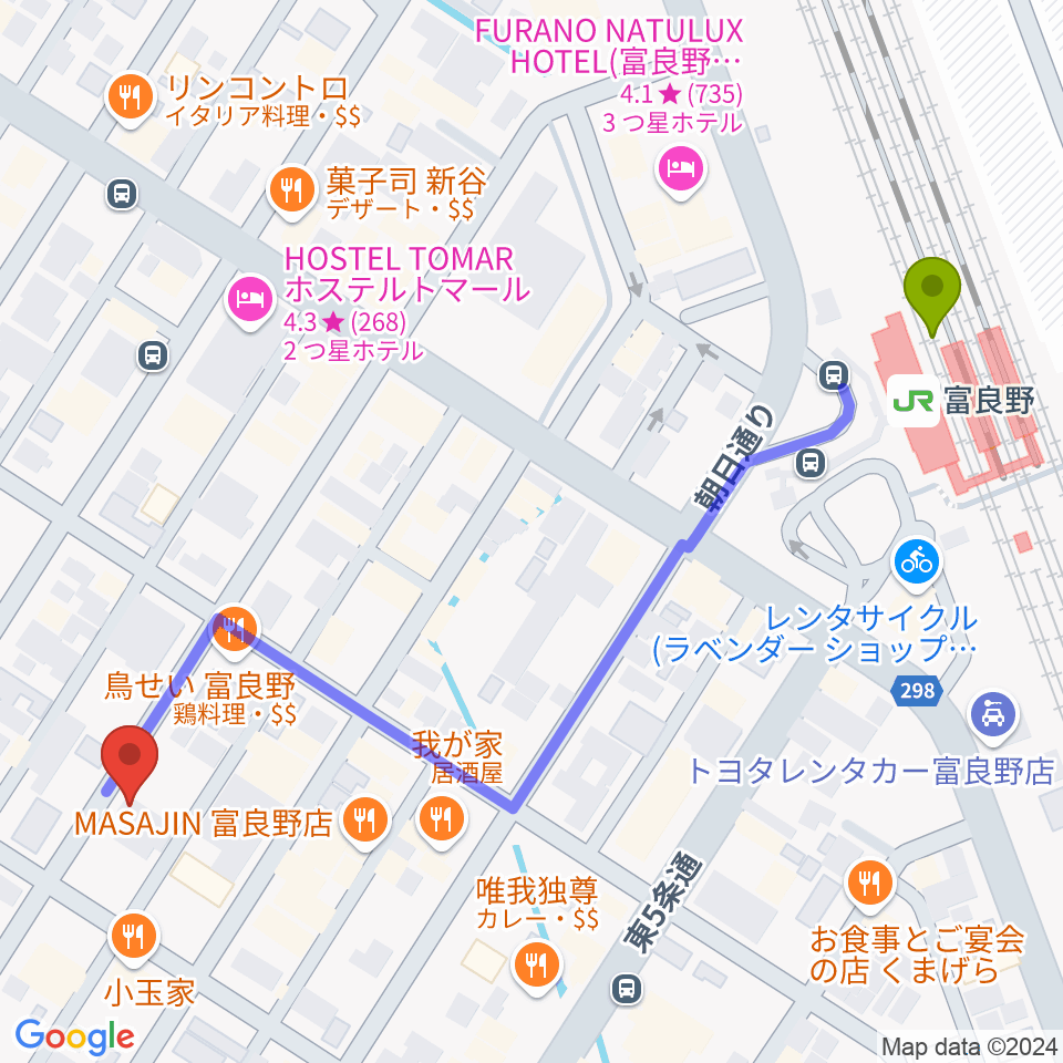 ラジオふらのの最寄駅富良野駅からの徒歩ルート（約6分）地図