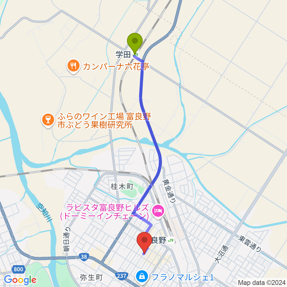 学田駅からラジオふらのへのルートマップ地図