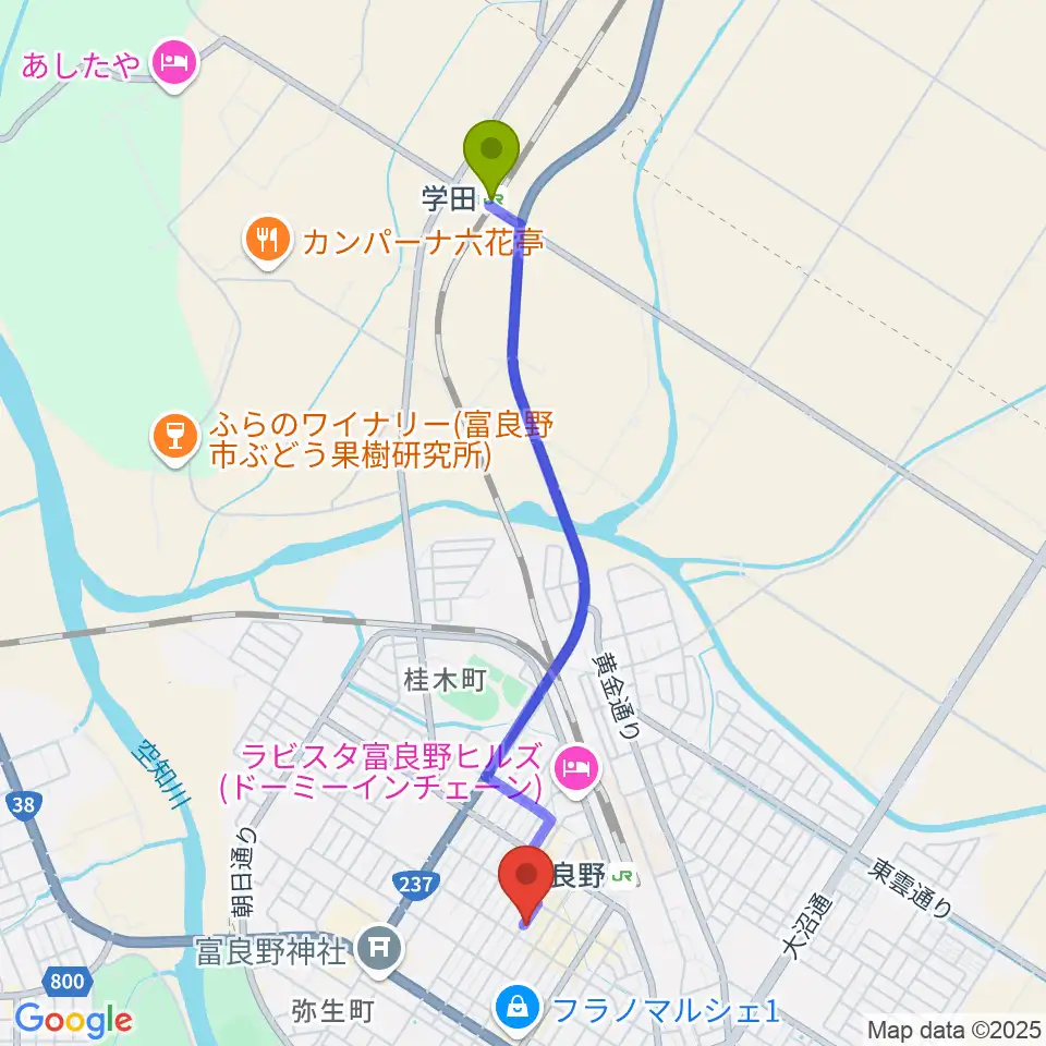 学田駅からラジオふらのへのルートマップ地図