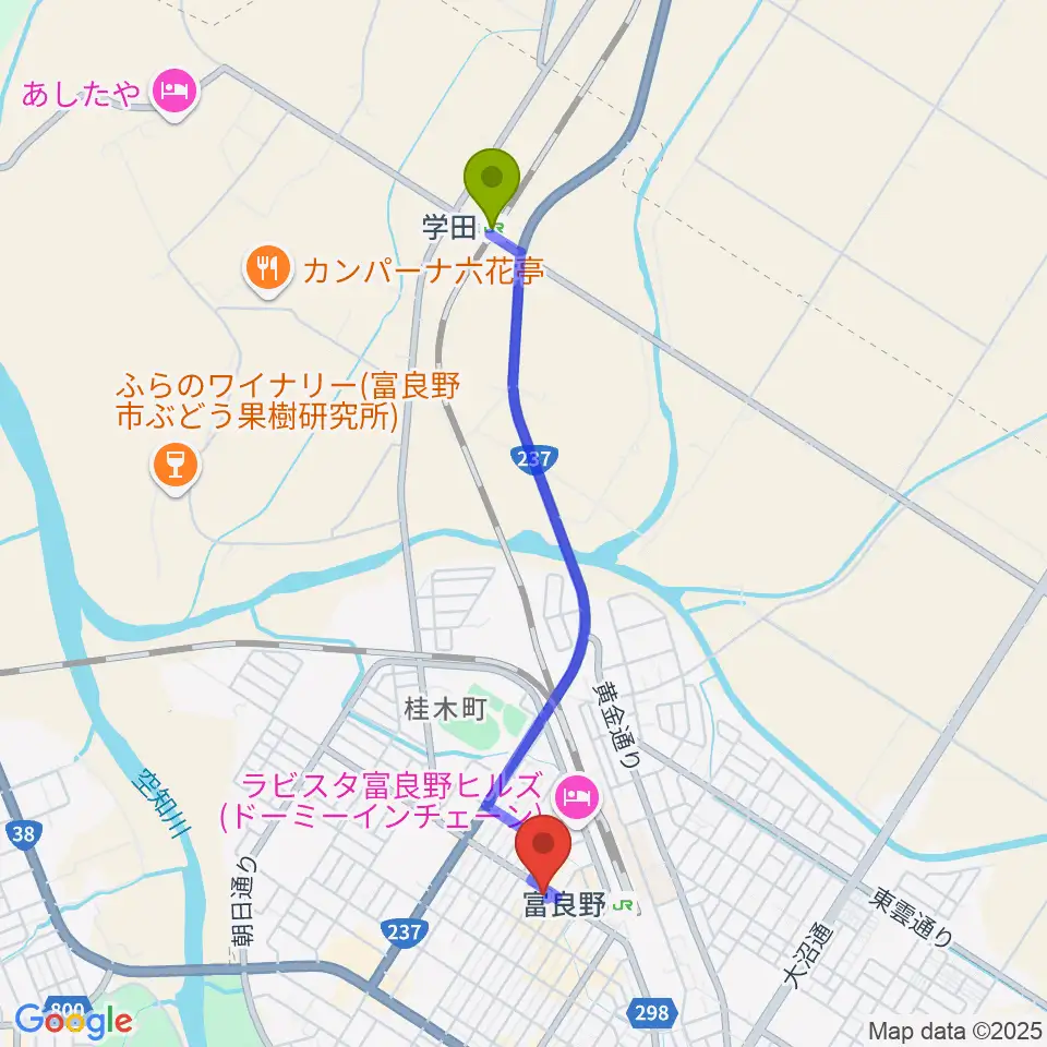 学田駅からラジオふらのへのルートマップ地図