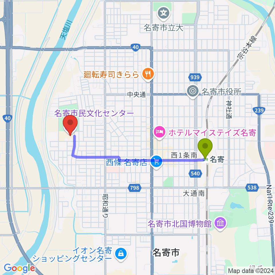 Airてっしの最寄駅名寄駅からの徒歩ルート（約27分）地図