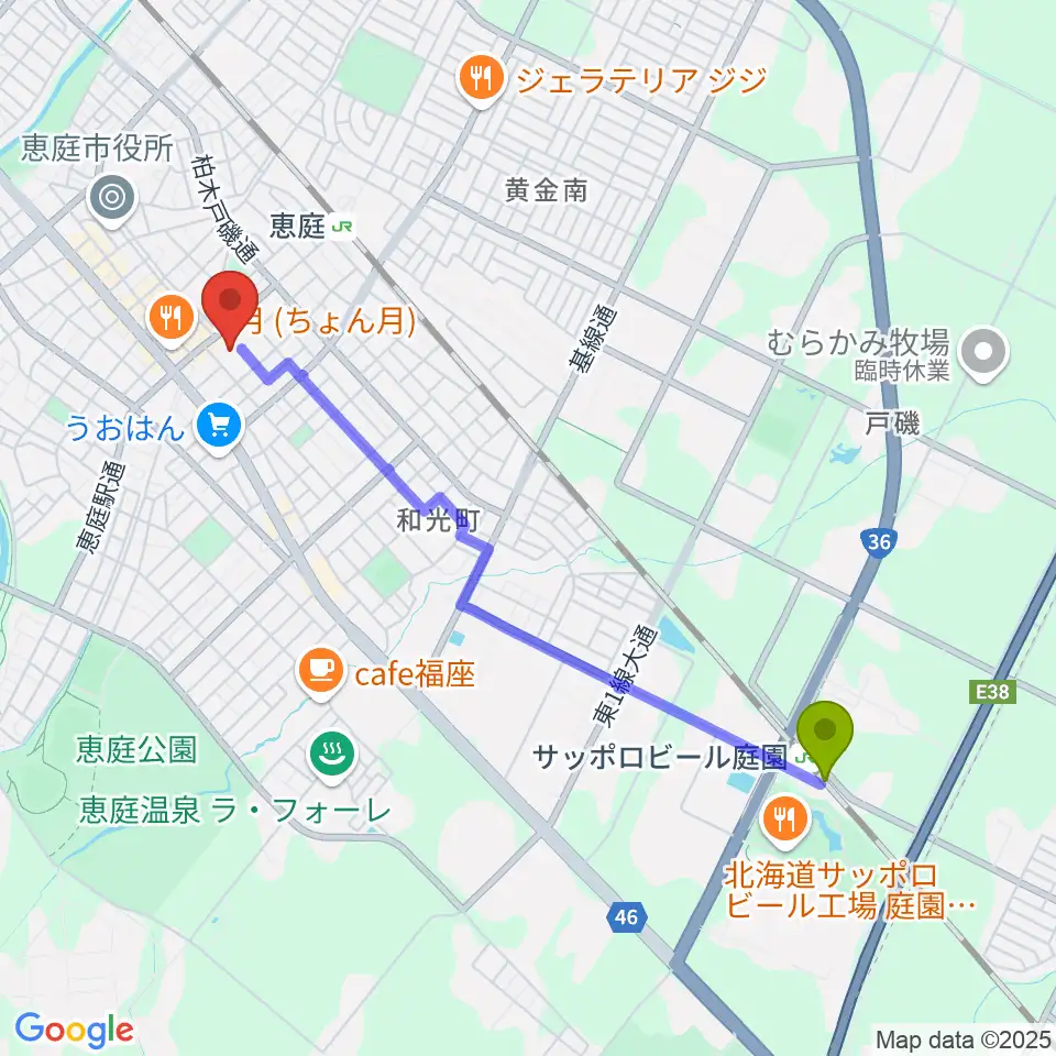 サッポロビール庭園駅からe-niwa（いーにわ）へのルートマップ地図