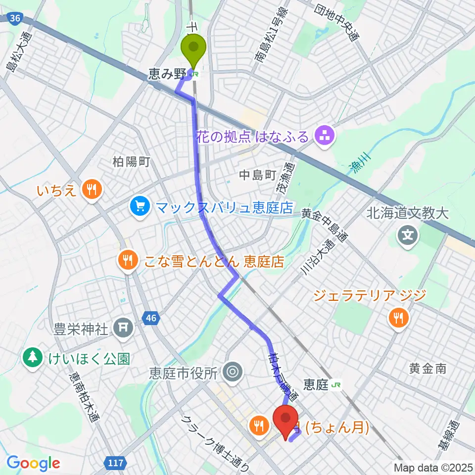 恵み野駅からe-niwa（いーにわ）へのルートマップ地図