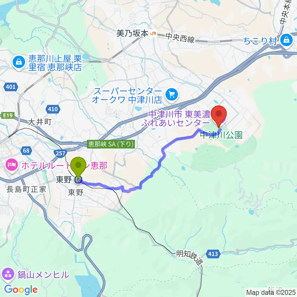 東野駅から東美濃ふれあいセンターへのルートマップ地図