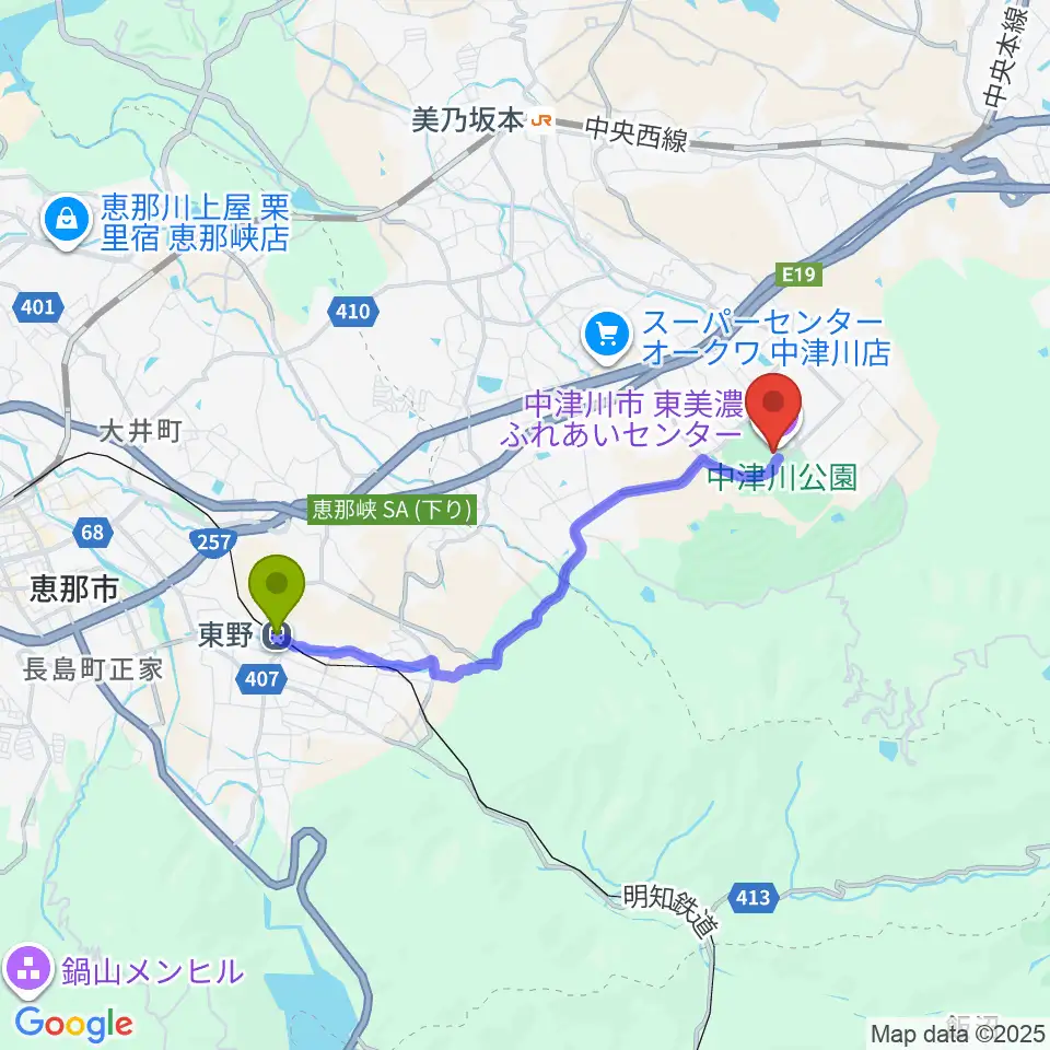 東野駅から東美濃ふれあいセンターへのルートマップ地図