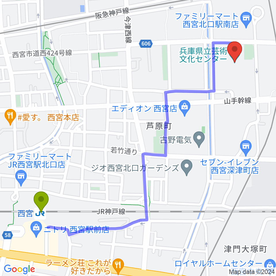 西宮駅から兵庫県立芸術文化センター KOBELCO大ホールへのルートマップ地図